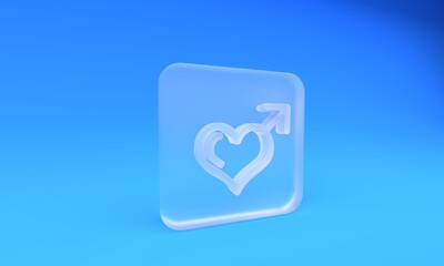 Frosted glass Male gender symbol and heart icon isolated on blue background. Square frosted glass button. 3D render illustration