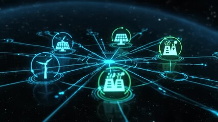 Innovative energy technology showcasing solar, wind, and power icons interconnected in digital network emphasizes sustainability and drives future innovation in energy solutions - Powered by Adobe
