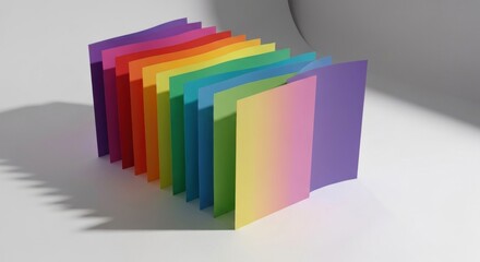 Rainbow-colored rectangular sheets arranged vertically with shadows, illuminated on a white surface