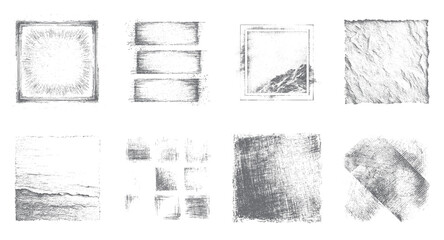 Collection of eight distressed grunge textures and frames in gray and white border