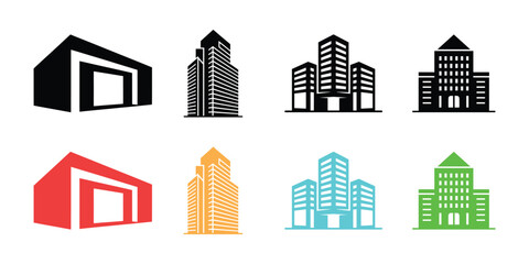 Set of Building Icons Different Styles of Skyscraper, House, and City Buildings Illustration