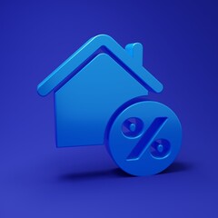 Blue House with percant discount tag icon isolated on blue background. House percentage sign price. Real estate home. Credit percentage symbol. Minimalism concept. 3D render illustration