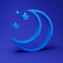Blue Moon and stars icon isolated on blue background. Minimalism concept. 3D render illustration