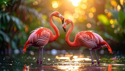Two Pink Flamingos Forming a Heart Shape in Tropical Water with Golden Bokeh Lights in Background
