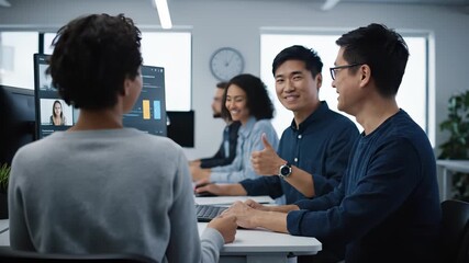 Group of diverse professionals engaged in a collaborative video call, showcasing teamwork and interaction in a modern office environment with technology and communication - Powered by Adobe