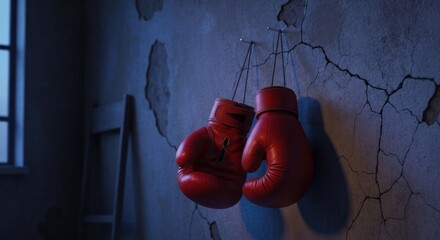 Red boxing gloves hanging on a cracked wall in a dimly lit room with a ladder