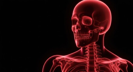 Red-hued human skeletal system in a medical rendering, side profile view, black background