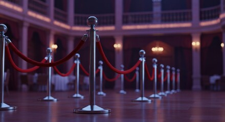 Red rope stanchions guide viewers to a well-lit hall's entrance. Blurred dining tables in the background