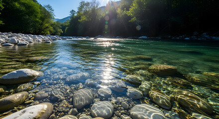 Tranquil river landscape featuring sunlit clear water and smooth stones nature scenery