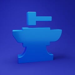 Blue Anvil for blacksmithing and hammer icon isolated on blue background. Metal forging. Forge tool. Minimalism concept. 3D render illustration