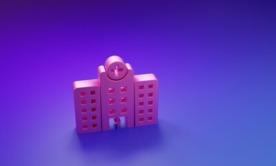 Pink Medical hospital building with cross icon isolated on purple-blue background. Medical center. Health care. Minimalism concept. 3D render illustration