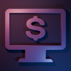 Purple Computer monitor with dollar icon isolated on purple-blue background. Internet financial security concept, online finance protection. Minimalism concept. 3D render illustration