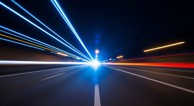 Dynamic light trails on highway at night create a sense of speed and motion