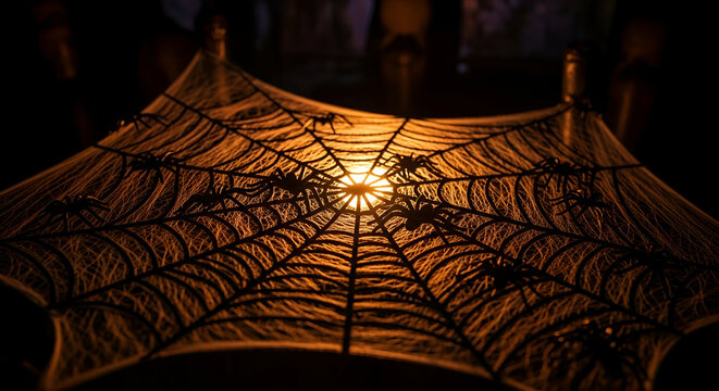 Eerie halloween decoration featuring a spider web and plastic spiders illuminated by light