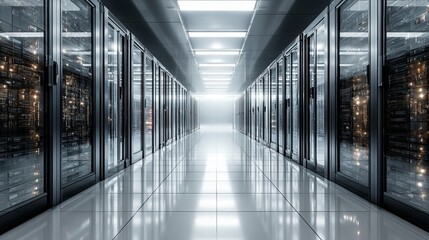 Illuminated server room corridor with glowing racks and reflective floor creates a futuristic data center atmosphere
