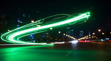 Futuristic automobile design with long exposure light trails on city street