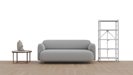 3D Render a living room with a couch table and bookcase