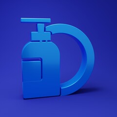 Blue Dishwashing liquid bottle and plate icon isolated on blue background. Liquid detergent for washing dishes. Minimalism concept. 3D render illustration