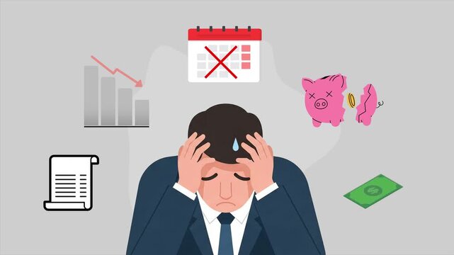 Animated Flat vector illustration of businessman overwhelmed by financial problems