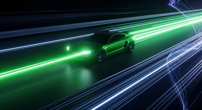 Futuristic green sports car speeding through a neon light tunnel at night