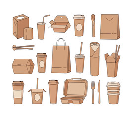 Collection of disposable tableware isolated on white background paper cups, boxes, bags, and cutlery for takeout food and drinks, promoting ecofriendly packaging