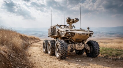 An advanced unmanned ground vehicle showcasing rugged design and adaptability in a remote terrain.