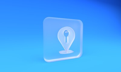 Frosted glass Location key icon isolated on blue background. The concept of the house turnkey. Square frosted glass button. 3D render illustration