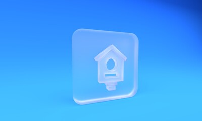 Frosted glass Bird house icon isolated on blue background. Nesting box birdhouse, homemade building for birds. Square frosted glass button. 3D render illustration
