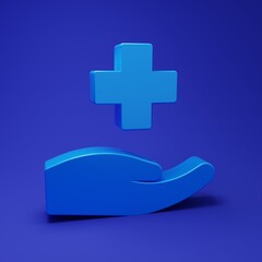 Obraz premium Blue Cross hospital medical icon isolated on blue background. First aid. Diagnostics symbol. Medicine and pharmacy sign. Minimalism concept. 3D render illustration