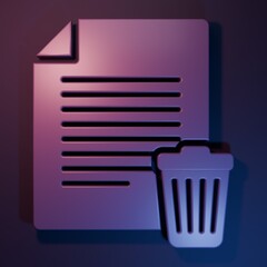 Purple Delete file document icon isolated on purple-blue background. Paper sheet with recycle bin sign. Rejected document icon. Cross on paper. Minimalism concept. 3D render illustration