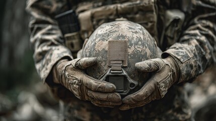 A male soldier of ambiguous ethnicity holds a camouflage helmet, showcasing resilience and dedication in a military setting.
