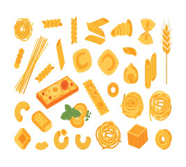 An assortment of pasta types isolated on white background, featuring spaghetti, penne, farfalle, ravioli, and tagliatelle, alongside wheat stalks, showcasing the variety and origins of italian cuisine