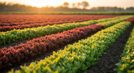 Rows of colorful plants in a field under golden sunlight at dawn