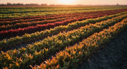 Rows of colorful plants in a field are illuminated by the setting sun