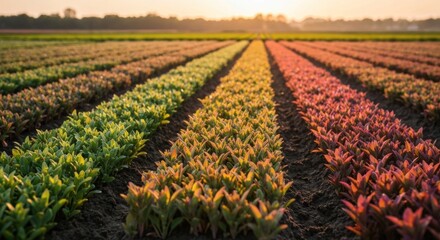 Rows of colorful plants in a field during sunrise, with a blurred treeline in the distance