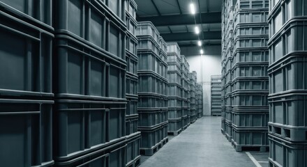 Rows of gray storage bins stacked high in a warehouse, creating a symmetrical perspective