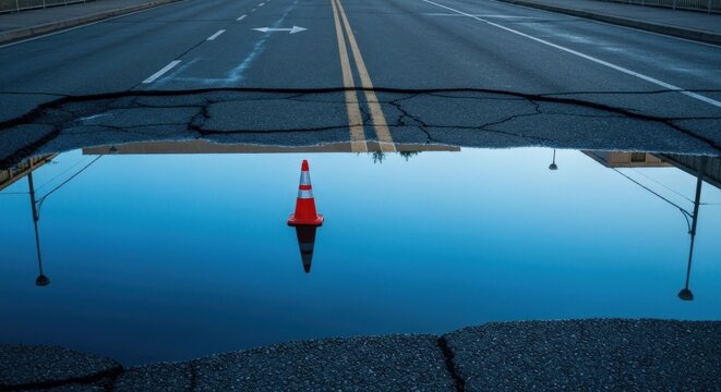 Road crack reflects a traffic cone in a puddle; buildings and street lines mirrored
