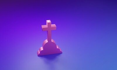 Pink Tombstone with cross icon isolated on purple-blue background. Grave icon. Minimalism concept. 3D render illustration
