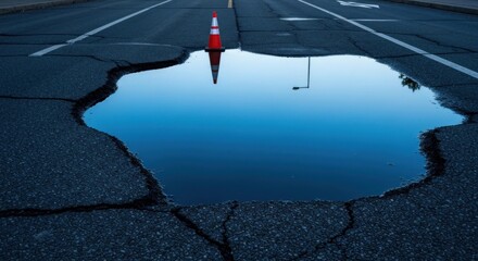 Road damage with standing water reflecting a traffic cone and sky. Evening light