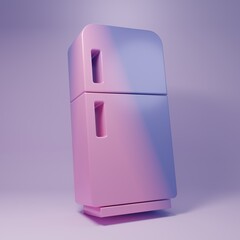 Purple Refrigerator icon isolated on purple background. Fridge freezer refrigerator. Household tech and appliances. Minimalism concept. 3D render illustration