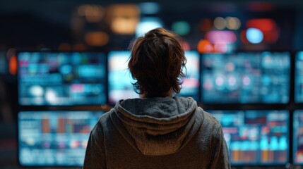 A young male with brown hair stands in front of multiple screens, immersed in data analysis in a modern tech environment.