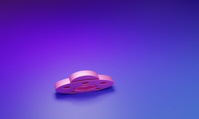 Pink UFO flying spaceship icon isolated on purple-blue background. Flying saucer. Alien space ship. Futuristic unknown flying object. Minimalism concept. 3D render illustration
