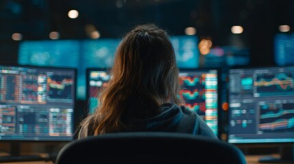A focused woman analyzes stock market data on multiple screens, illuminated in a tech-savvy environment.