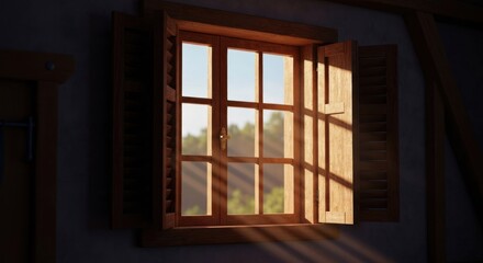 Rustic wooden window with open shutters, sunlight streaming into a cozy, dark interior