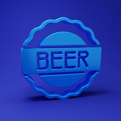 Blue Bottle cap with inscription beer icon isolated on blue background. Minimalism concept. 3D render illustration