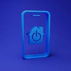 Blue Mobile phone with smart home icon isolated on blue background. Remote control. Minimalism concept. 3D render illustration