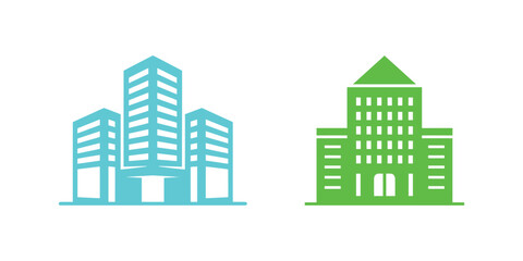 Two Buildings A Turquoise Modern Office Complex and a Green Traditional Style Tower
