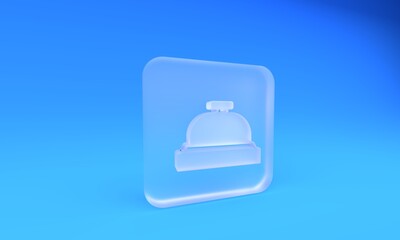 Frosted glass Hotel service bell icon isolated on blue background. Reception bell. Square frosted glass button. 3D render illustration