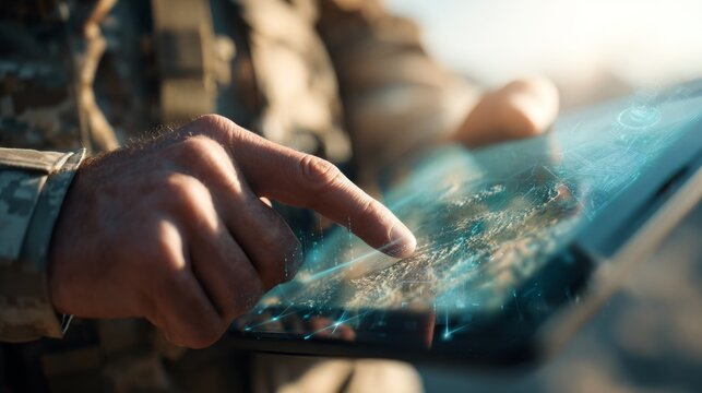 A soldier in military uniform uses a futuristic tablet, analyzing tactical maps and data in a bright outdoor setting. - Powered by Adobe