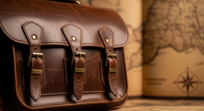 Leather satchel with brass buckles in front of a vintage map, suggesting travel, adventure, and timeless craftsmanship